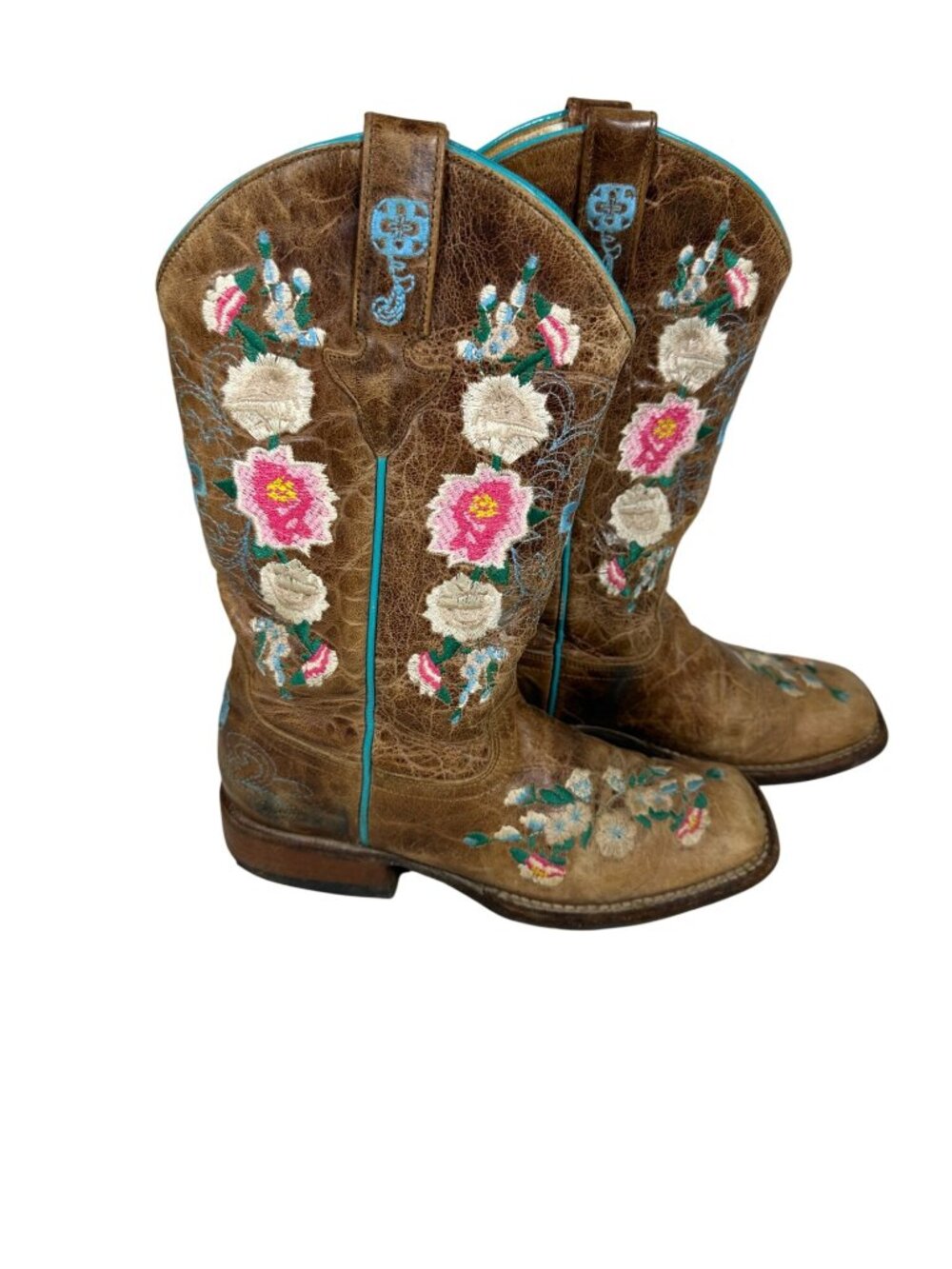 Macie Bean Girls Brown Embroidered Floral Leather Western Cowboy Boots